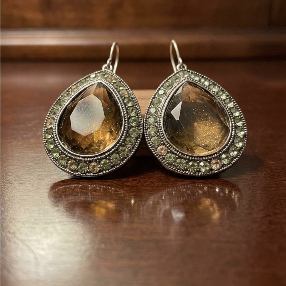Elegant Teardrop Brown Drop Earrings with Crystal Halo - Picture 3 of 4